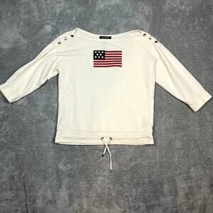 Lauren Ralph Lauren Quarter Sleeve Top Womens S American Flag Drawstring Hem